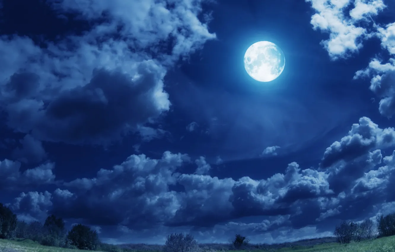 Фото обои поле, облака, деревья, сияние, луна, полнолуние