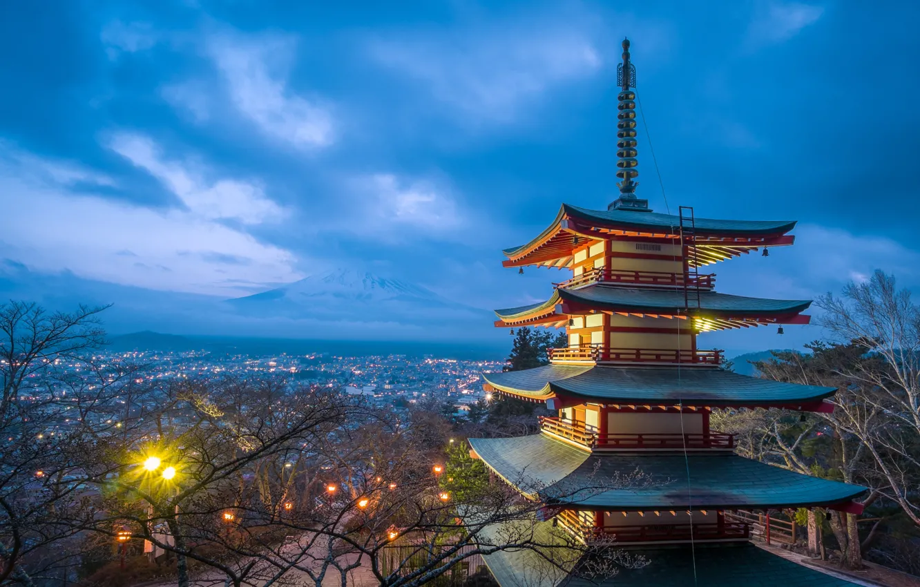 Фото обои свет, закат, Япония, пагода