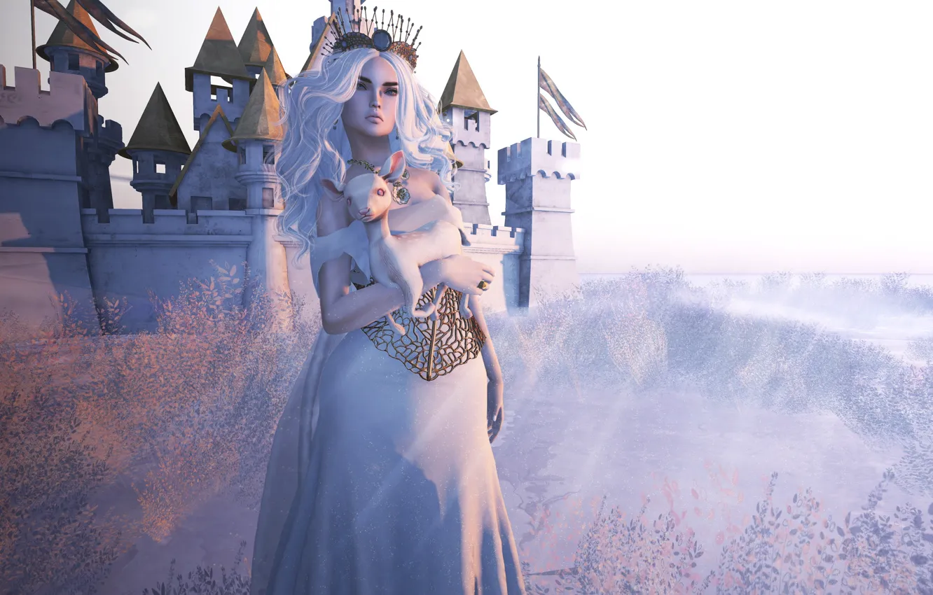 Фото обои девушка, фон, замок