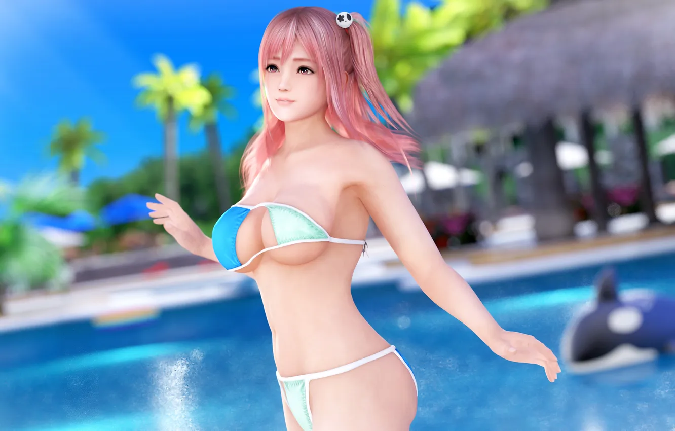 Фото обои girl, sexy, pool, cleavage, pink hair, long hair, boobs, beautiful