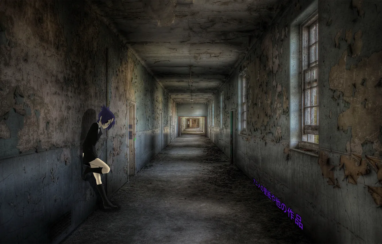 Фото обои девушка, стена, аниме, заброшенный дом, madskillz