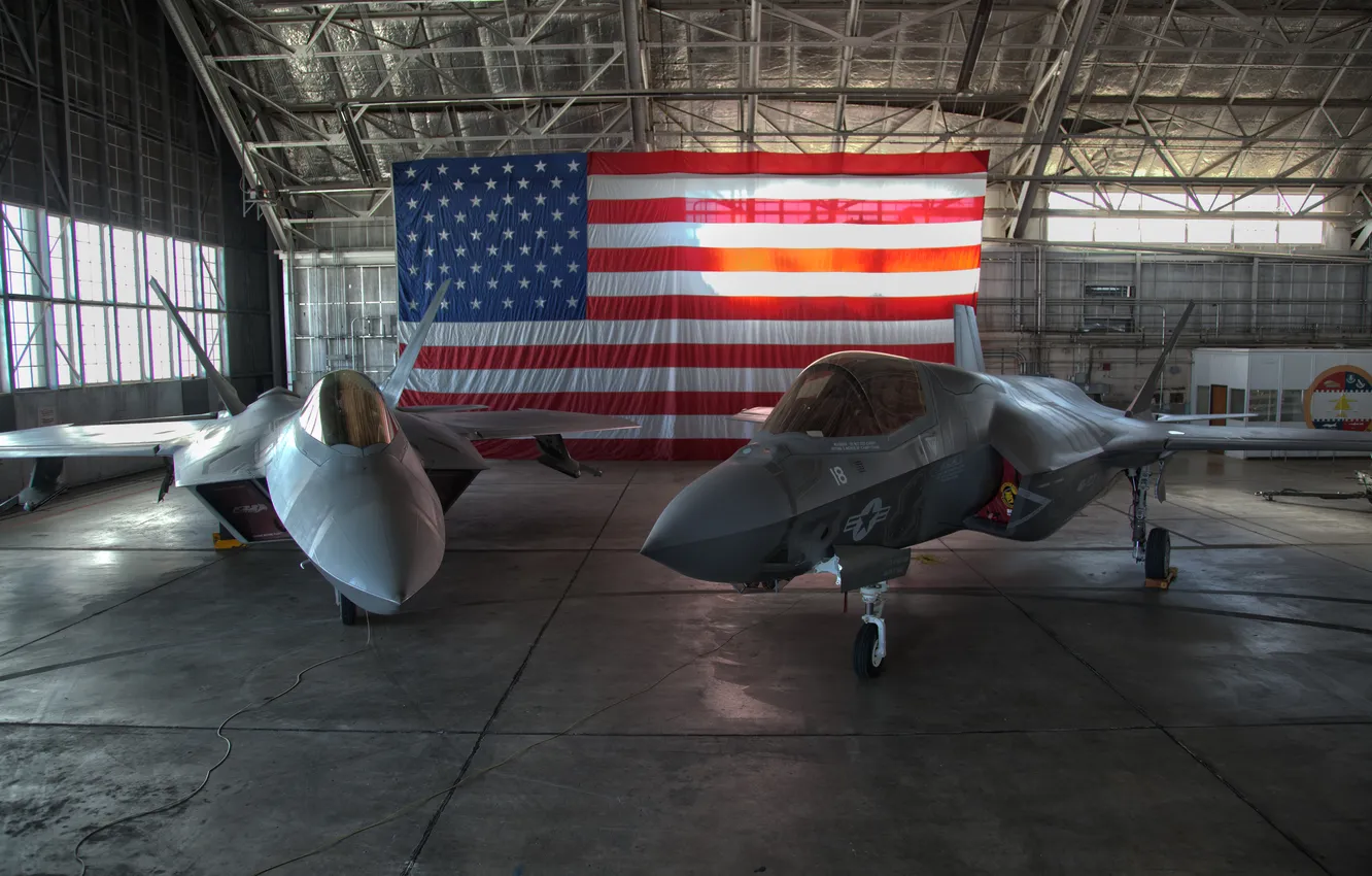 Фото обои ангар, истребители, F-22 Raptor, F-35A