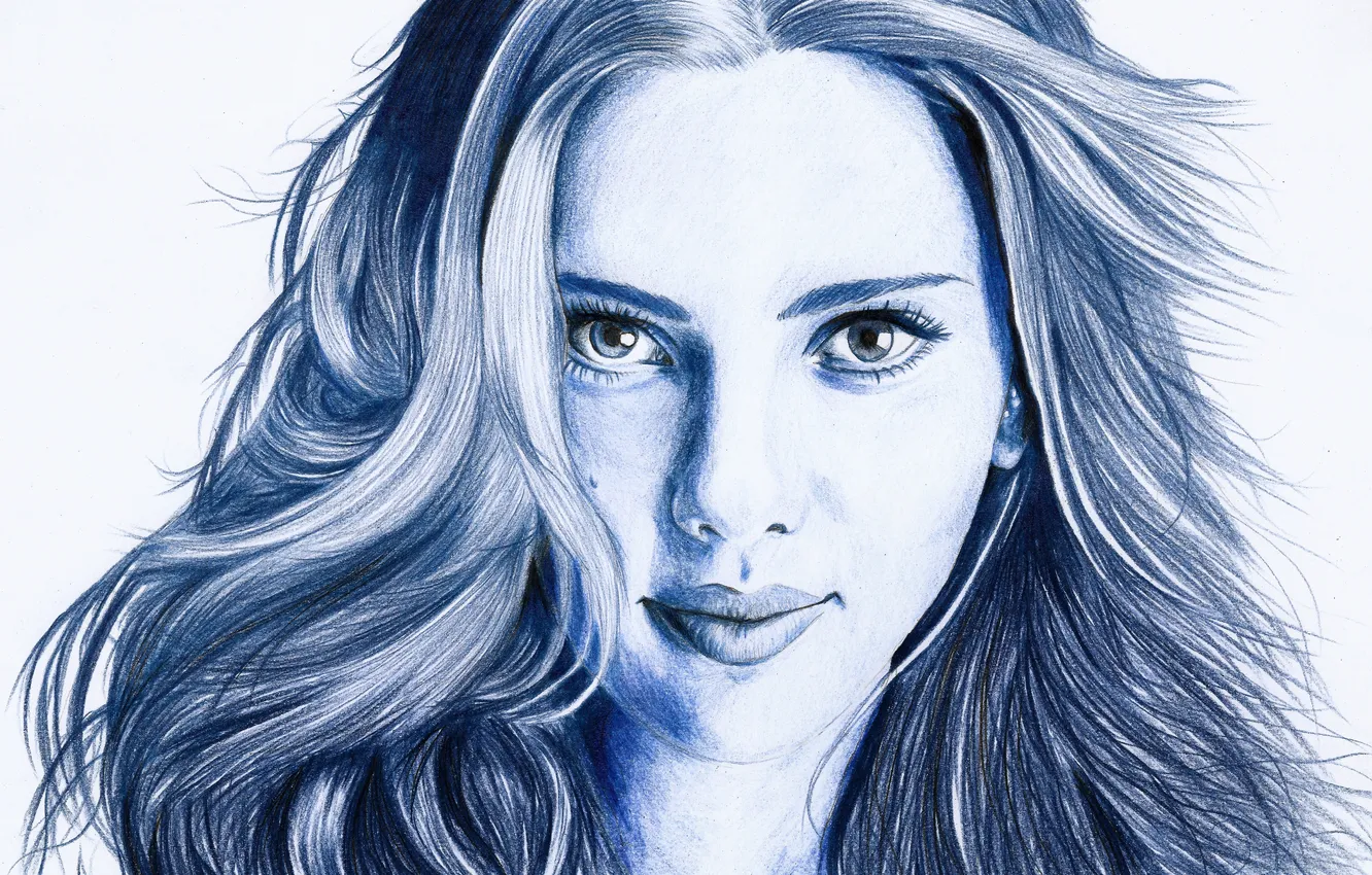 Фото обои взгляд, лицо, волосы, портрет, актриса, Scarlett Johansson, карандаш, синее