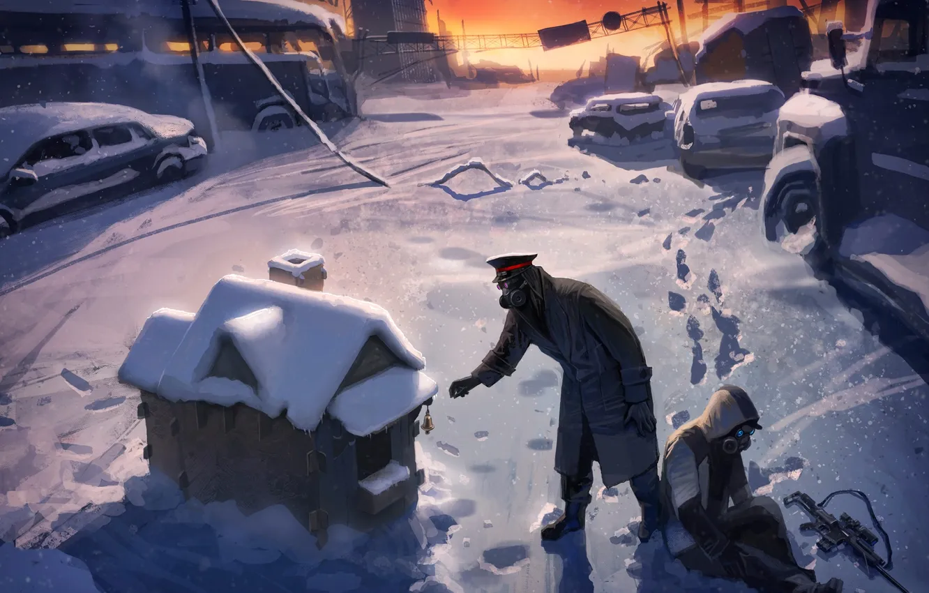 Фото обои зима, снег, следы, дом, оружие, люди, противогаз, домик