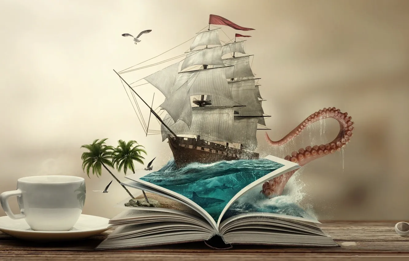 Фото обои fantasy, book, boat, sailing ship, photoshop art