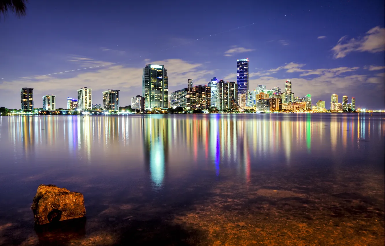 Фото обои город, океан, здания, Майами, небоскребы, вечер, Флорида, USA
