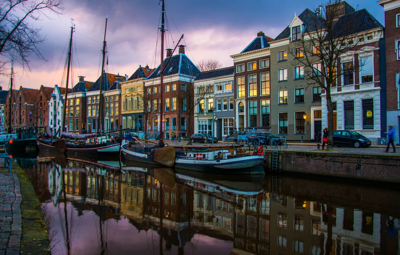 Фото обои вода, отражение, река, дома, яхты, вечер, канал, Нидерланды