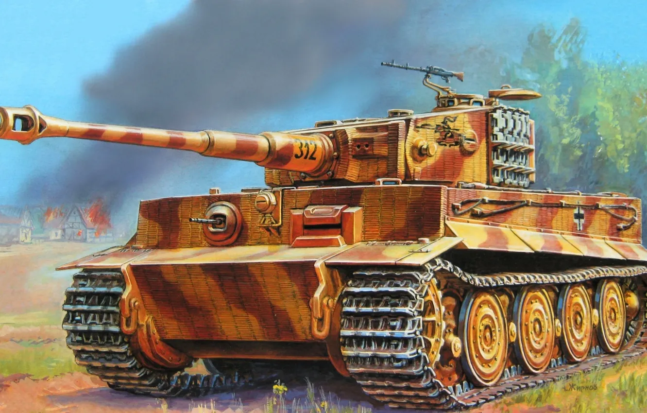 Фото обои тигр, рисунок, вторая мировая, немцы, вермахт, тяжелый танк, PzKpfw VI, 505 тяжелый танковый батальон