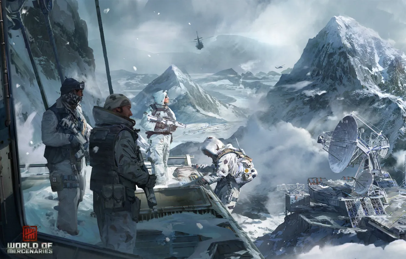 Фото обои снег, горы, оружие, антенна, база, вертолет, солдаты, World of Mercenaries