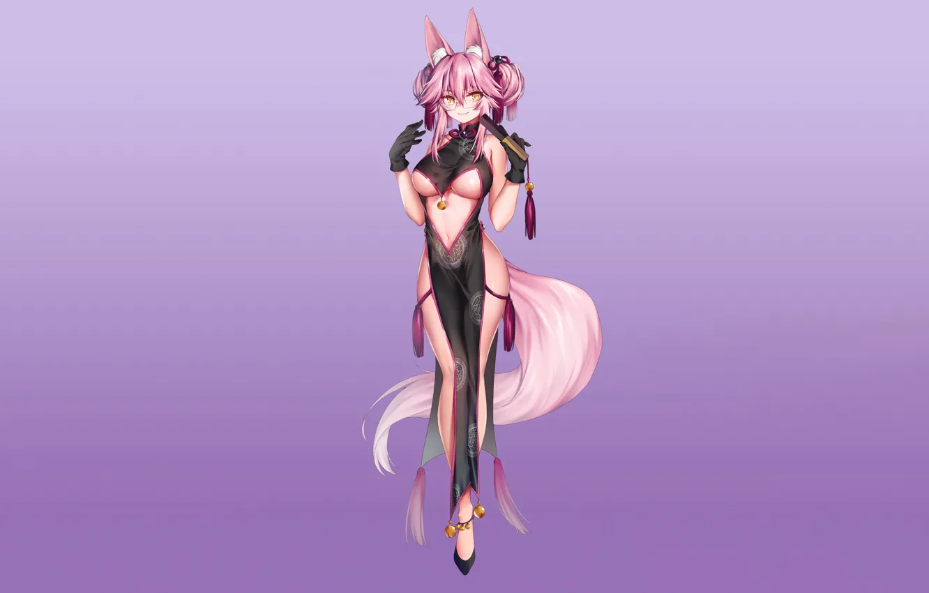 Фото обои girl, sexy, cleavage, pink hair, long hair, dress, boobs, animal ears