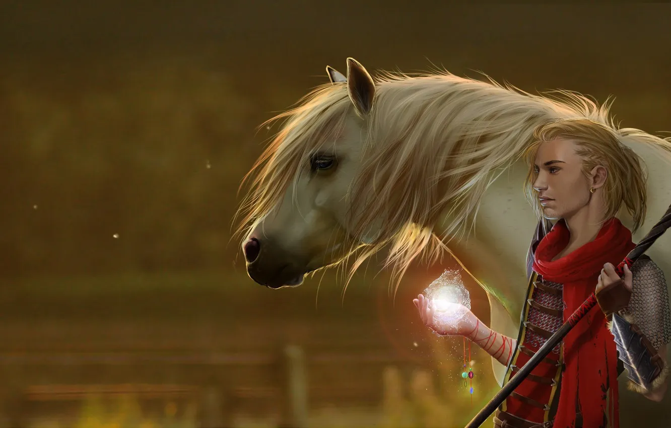 Фото обои конь, магия, лошадь, арт, маг, посох, парень, Dragon Age