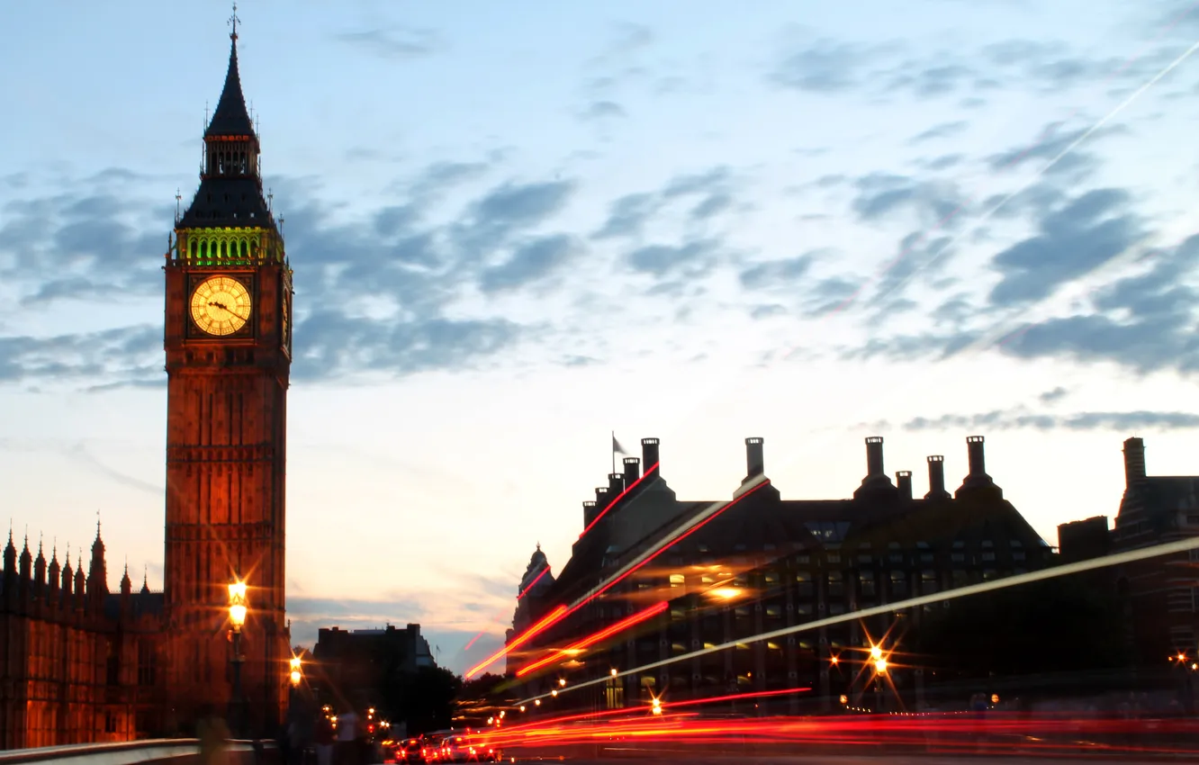 Фото обои небо, облака, мост, движение, часы, Лондон, здания, London