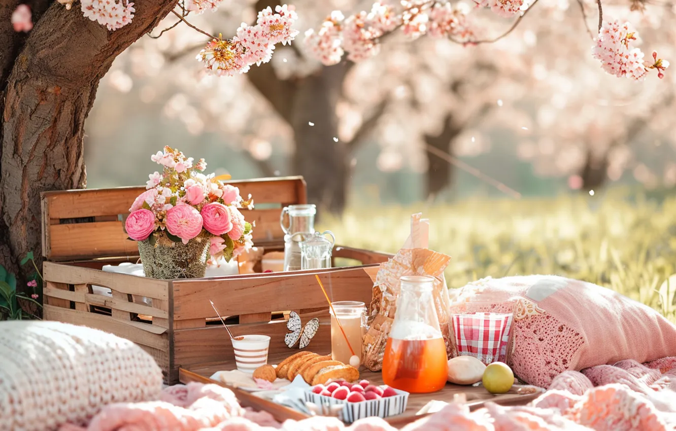 Фото обои деревья, парк, весна, сакура, пикник, цветение, trees, pink