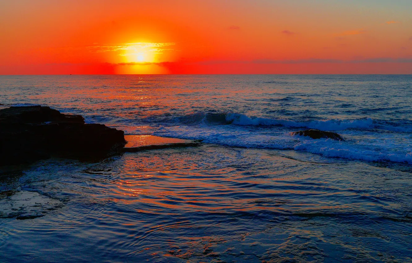 Фото обои море, закат, скалы, горизонт, зарево