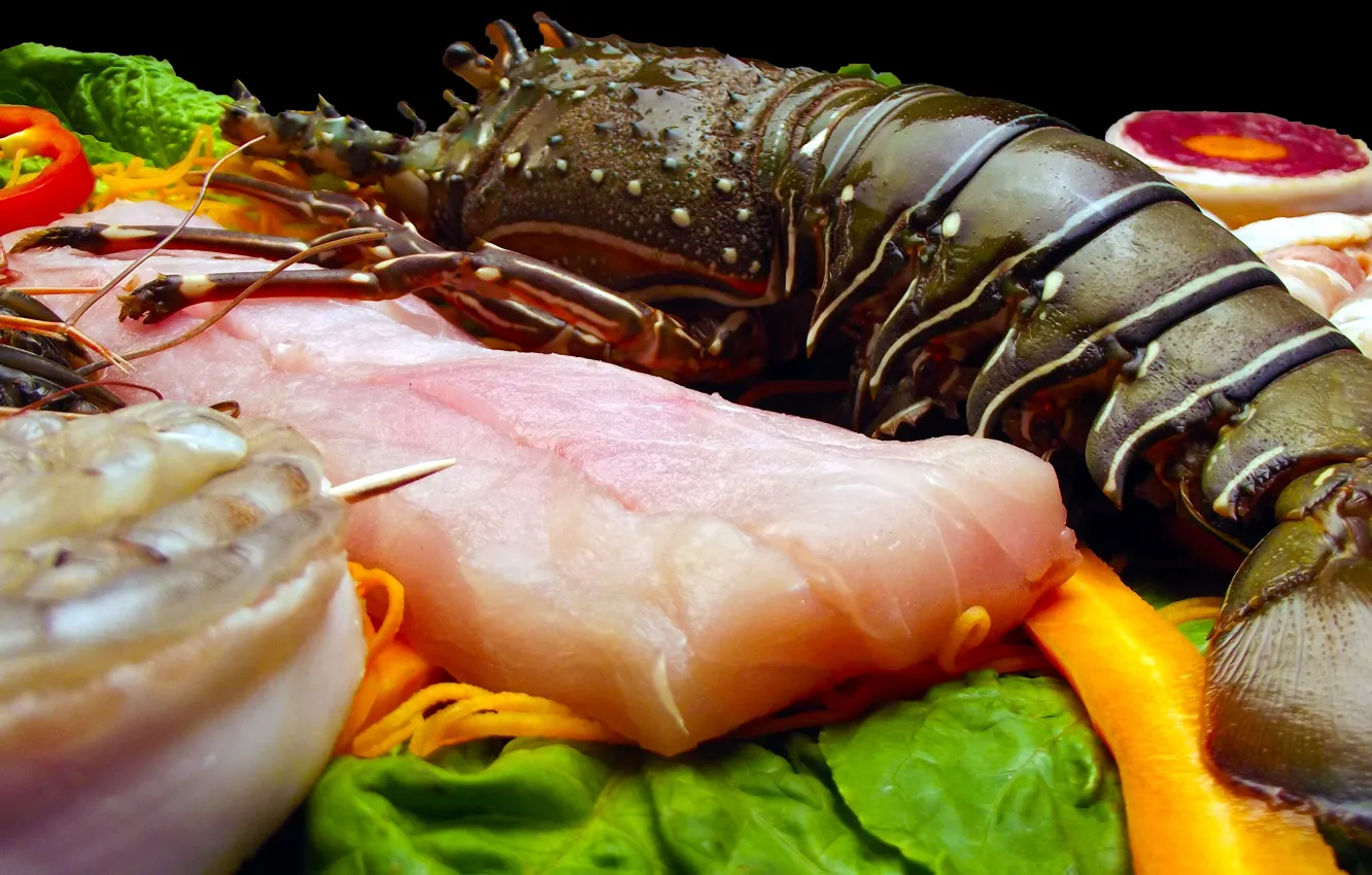 Фото обои макро, еда, рыба, мясо, омар, морепродукты, листья салата