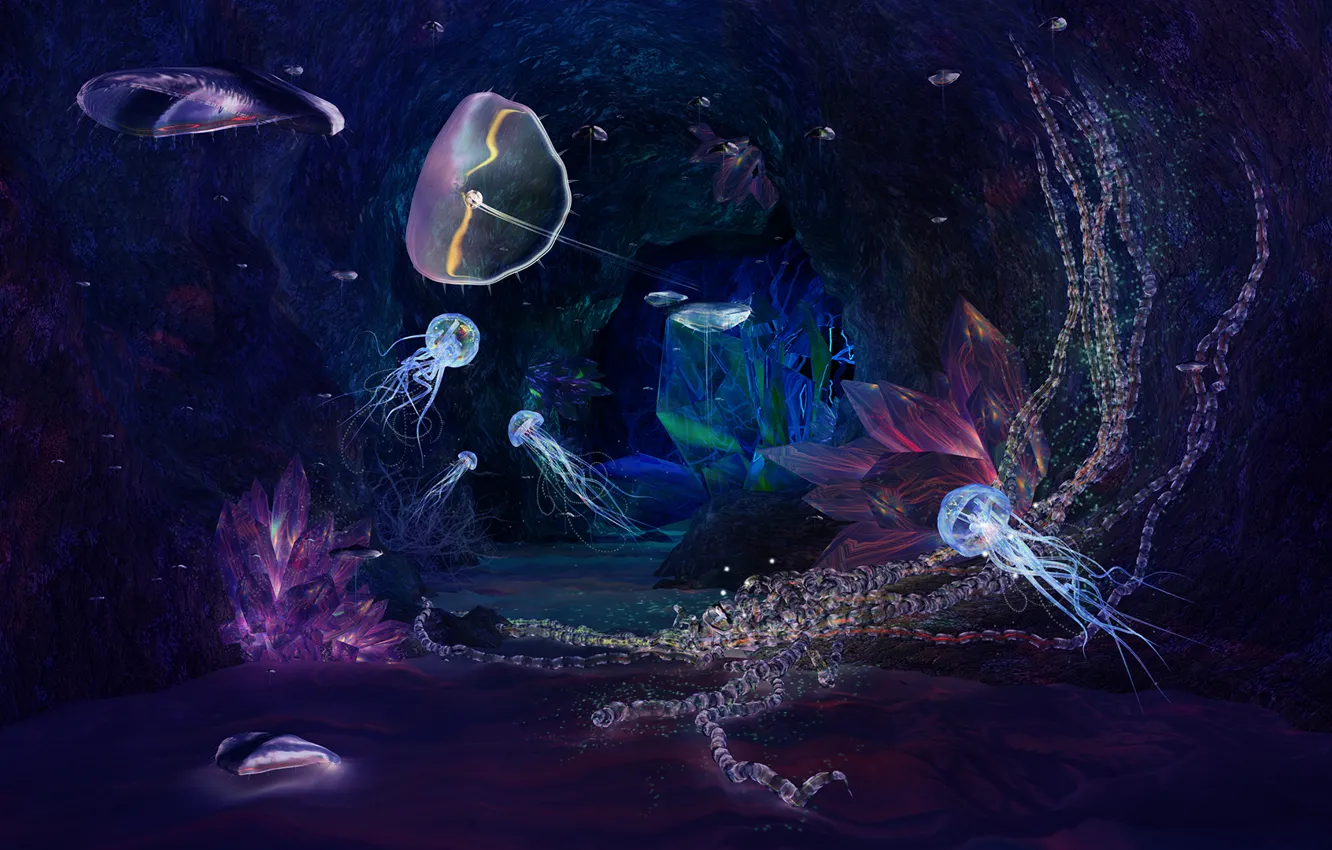 Фото обои медузы, пещера, кристалы, Jewels of the Deep No DOF