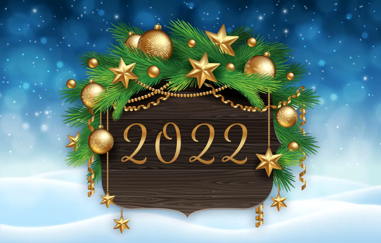 Фото обои снег, золото, цифры, Новый год, golden, new year, happy, balls