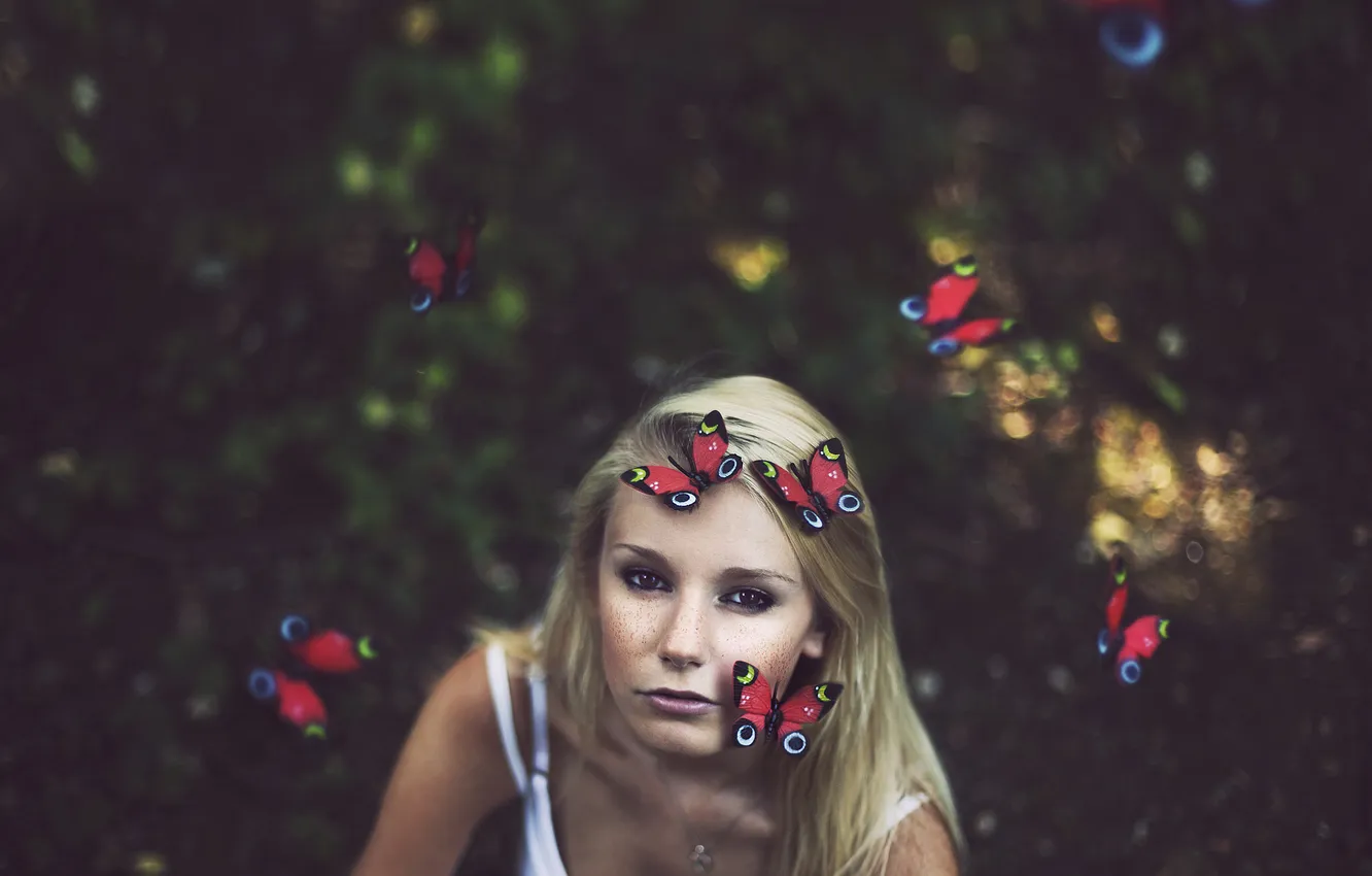 Фото обои взгляд, девушка, бабочки, настроение, блондинка, боке