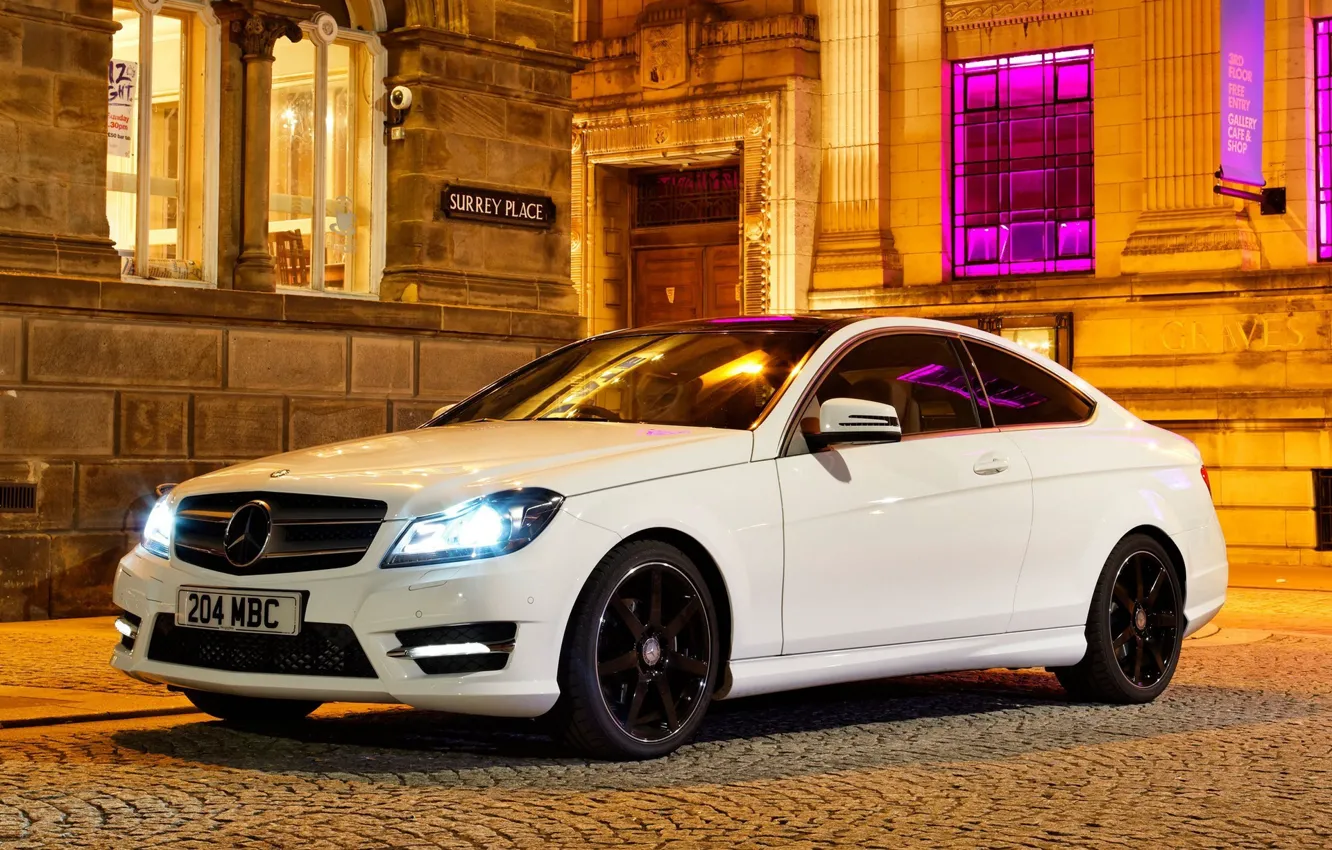 Фото обои Mercedes-Benz, Ночь, Белый, Машина, Мерседес, Desktop, Light, Car