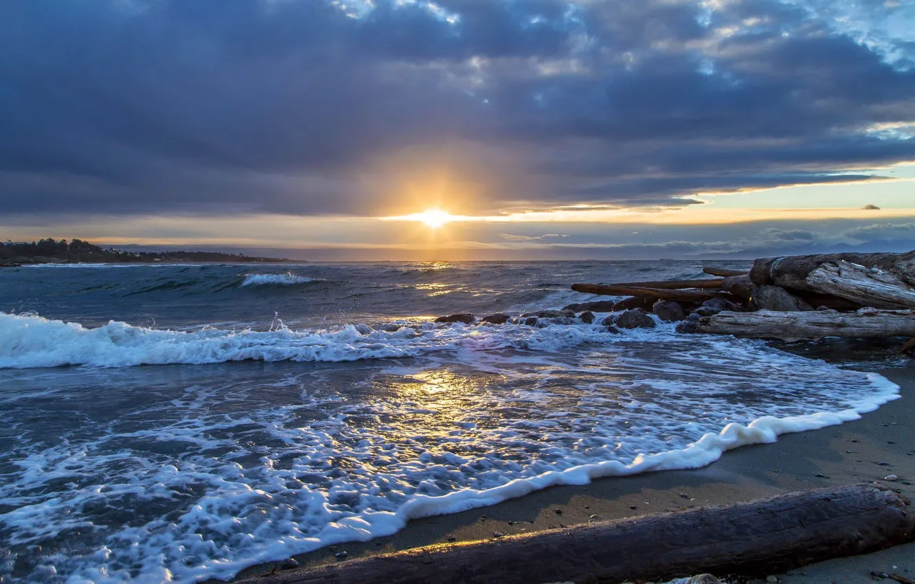 Фото обои восход, океан, рассвет, побережье, Канада, Canada, British Columbia, Pacific Ocean
