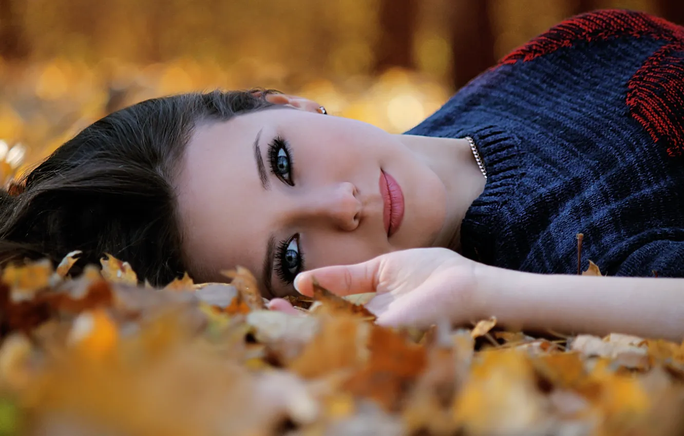 Фото обои осень, взгляд, девушка, листва, брюнетка, лежит