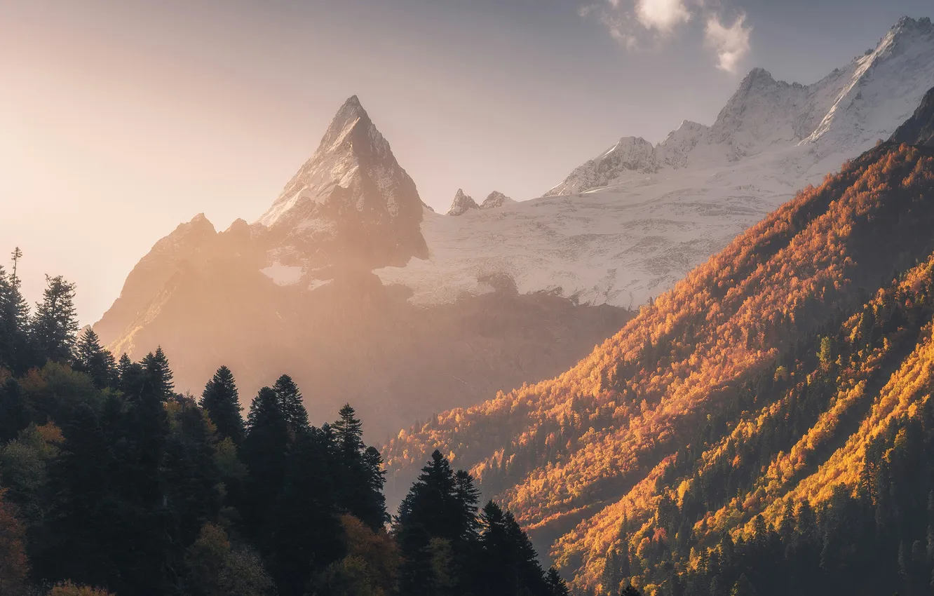 Фото обои golden, mountain, snow, capped, alpine, peak