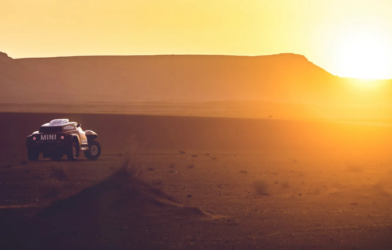 Фото обои Закат, Солнце, Песок, Mini, Спорт, Пустыня, Rally, Dakar