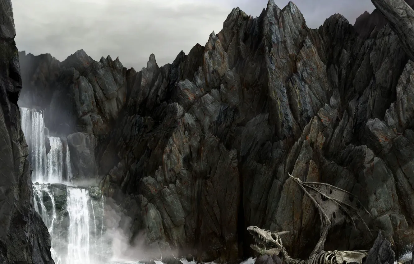 Фото обои море, скалы, дракон, водопад, скелет