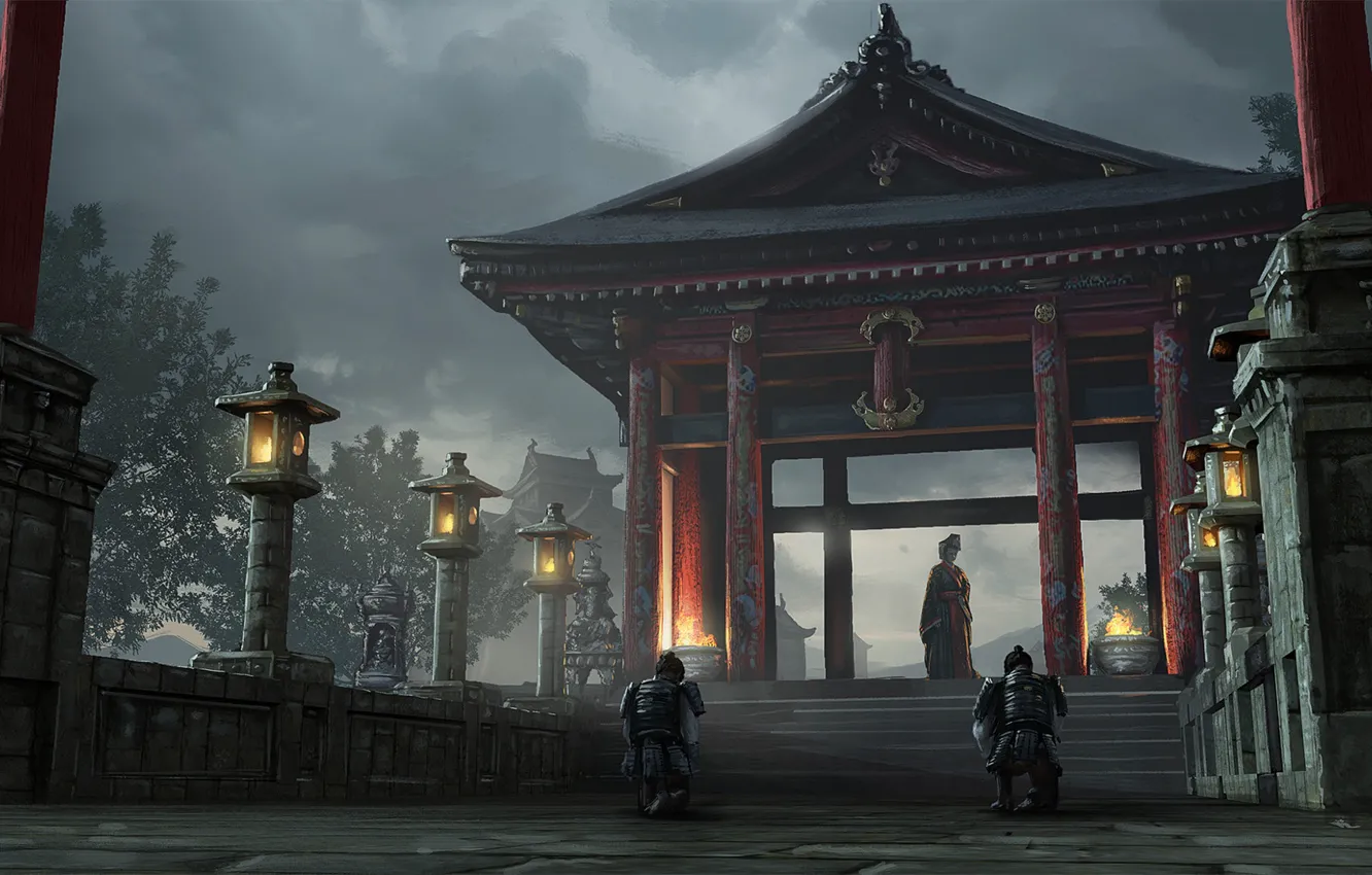 Фото обои огонь, столбы, доспехи, ворота, Япония, фонари, лестница, сумерки