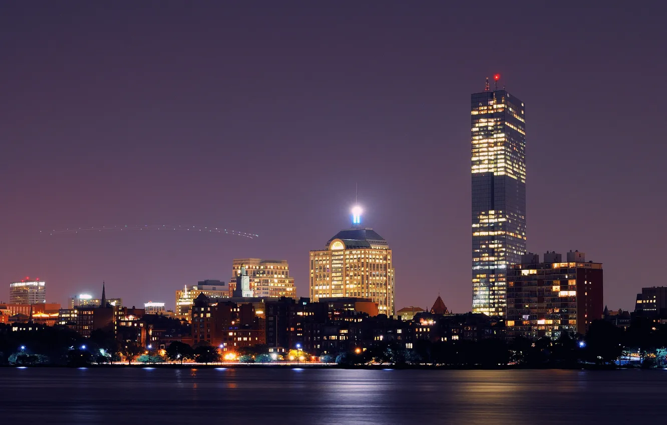 Фото обои ночь, огни, City, Бостон, skyline, Lights, Boston, usa