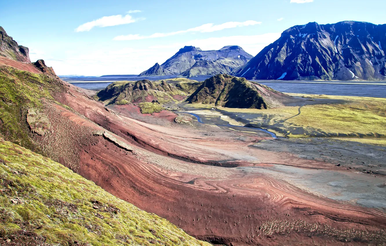 Фото обои горы, поток, Исландия, красочные камни