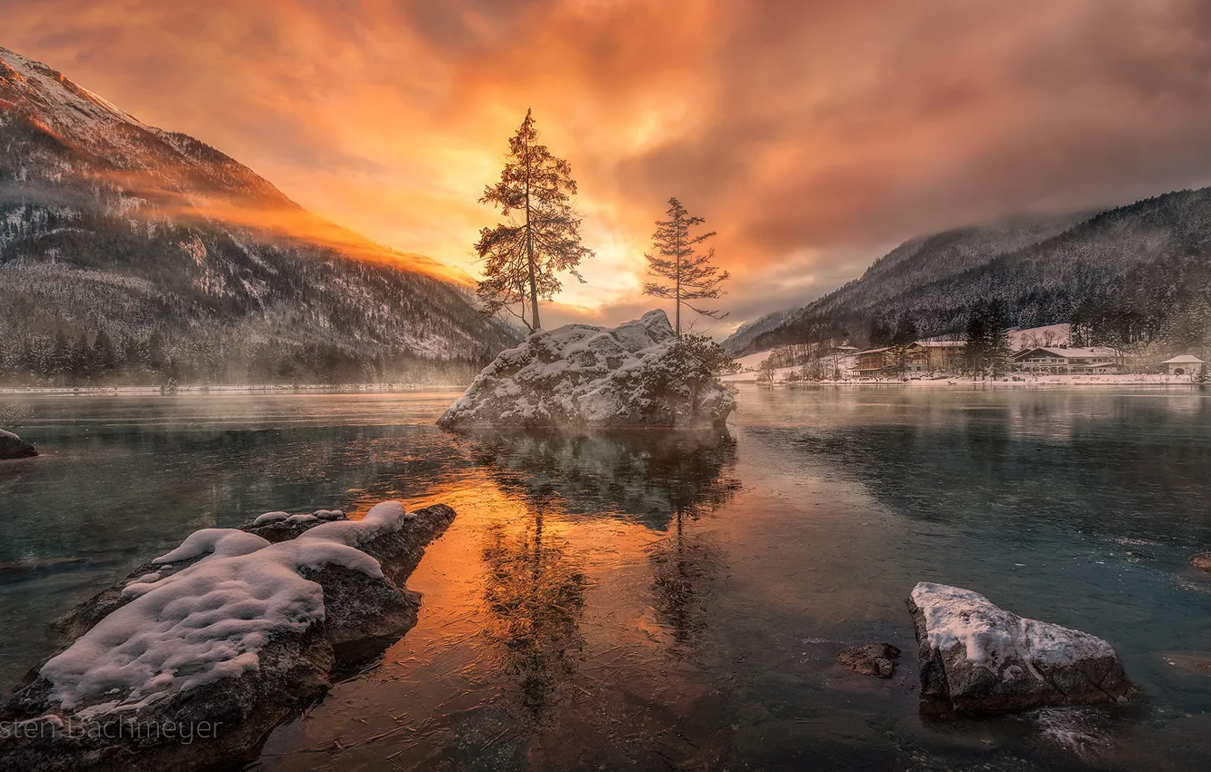 Фото обои зима, деревья, закат, горы, Бавария, Germany, Bavaria, Berchtesgaden National Park
