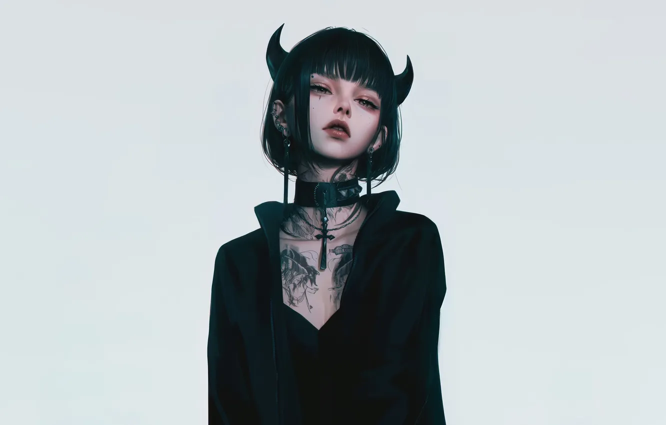 Фото обои Girl, Devil, Anime, Tattoo, Demon, Horn, Anime Girl, AI Art