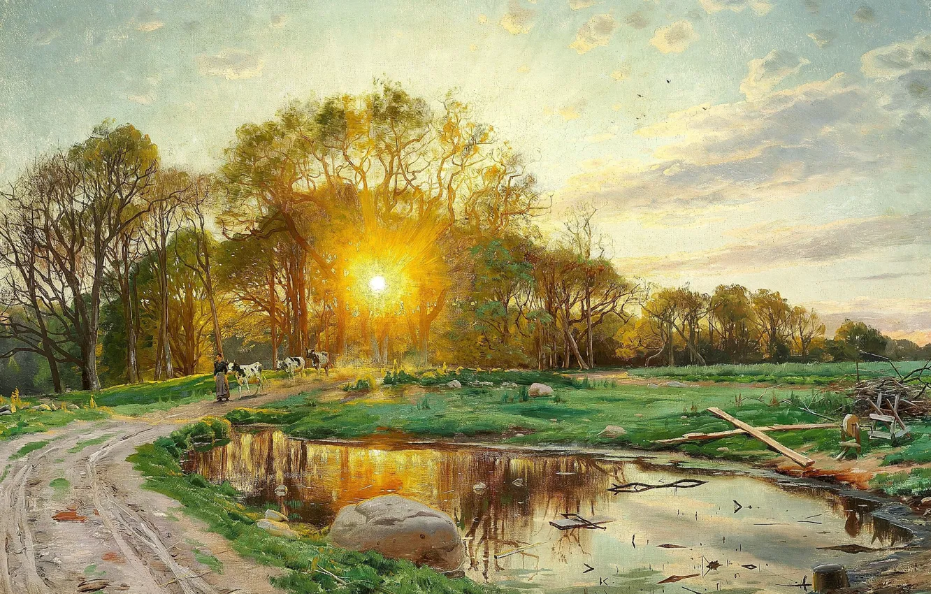 Фото обои 1897, датский живописец, Петер Мёрк Мёнстед, Peder Mørk Mønsted, Danish painter, Солнце садится за деревьями. …