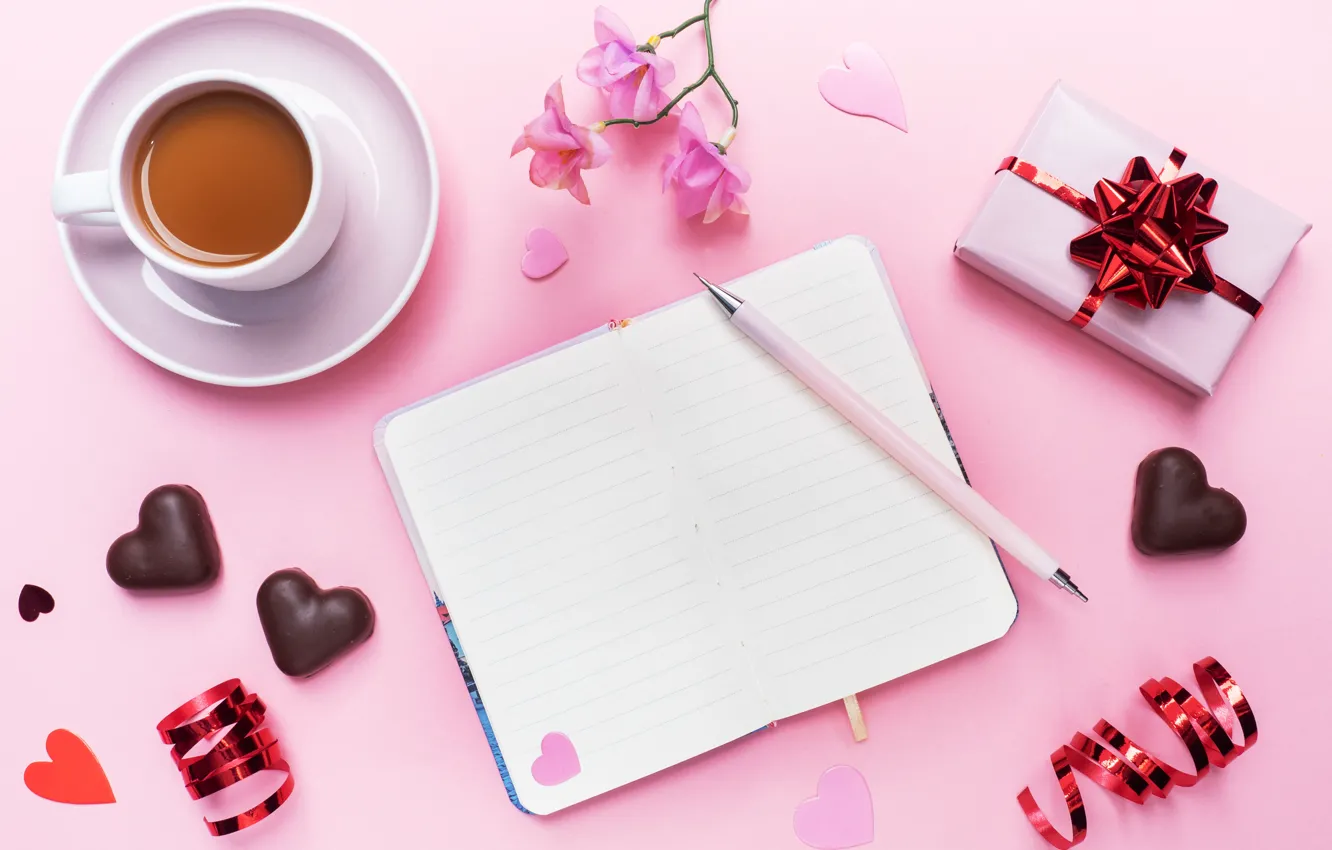 Фото обои конфеты, ручка, сердечки, блокнот, день святого валентина, Myfoodie