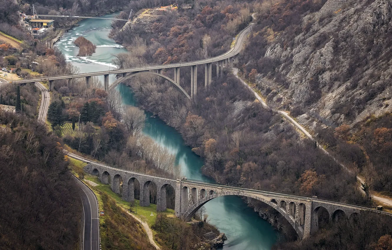 Фото обои Slovenia, Three Bridges, Solkan