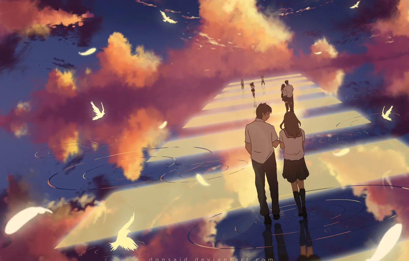 Фото обои небо, вода, облака, птицы, отражение, девушки, аниме, арт