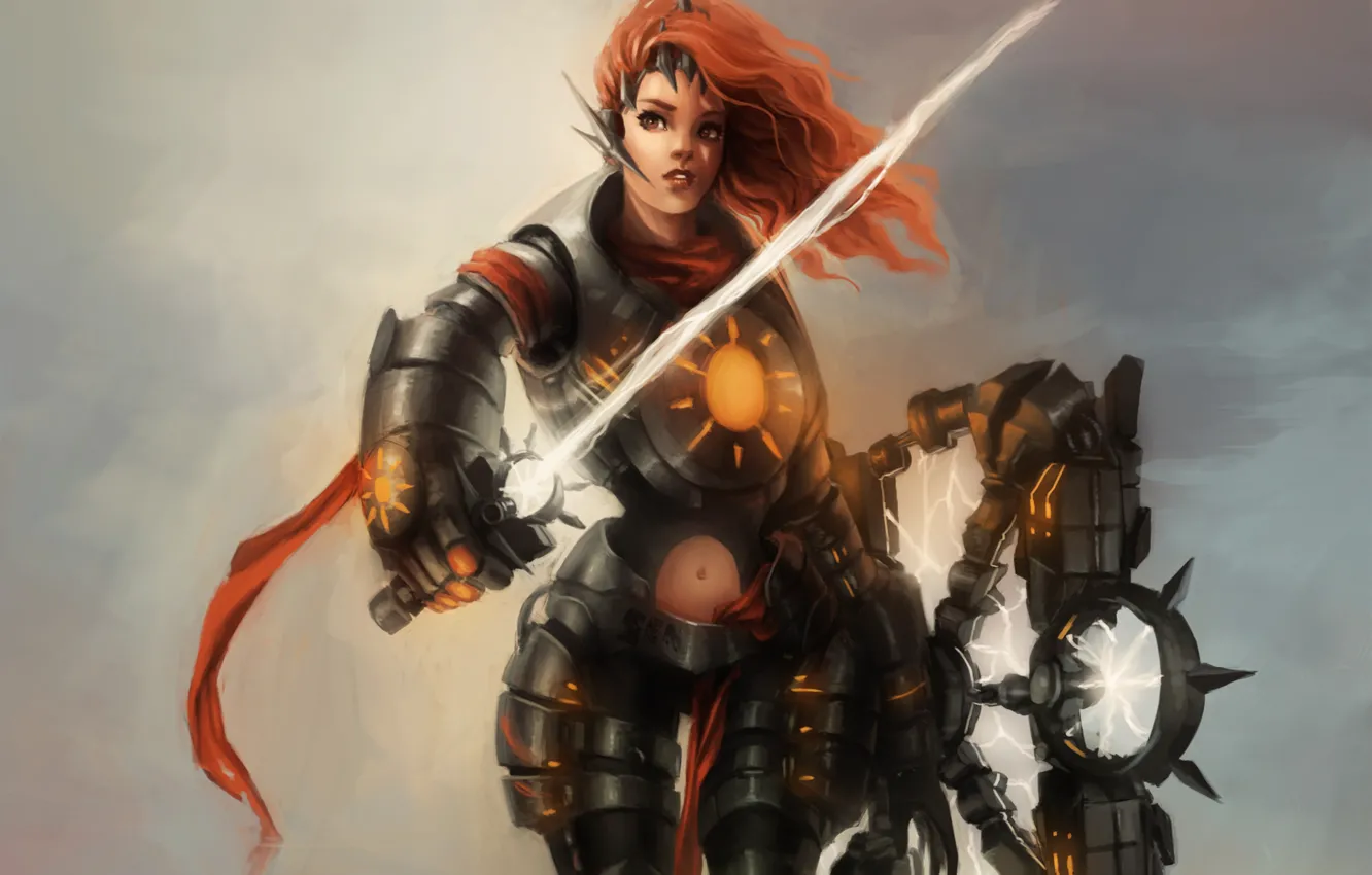 Фото обои девушка, молния, меч, фэнтези, арт, лента, рыжая, броня