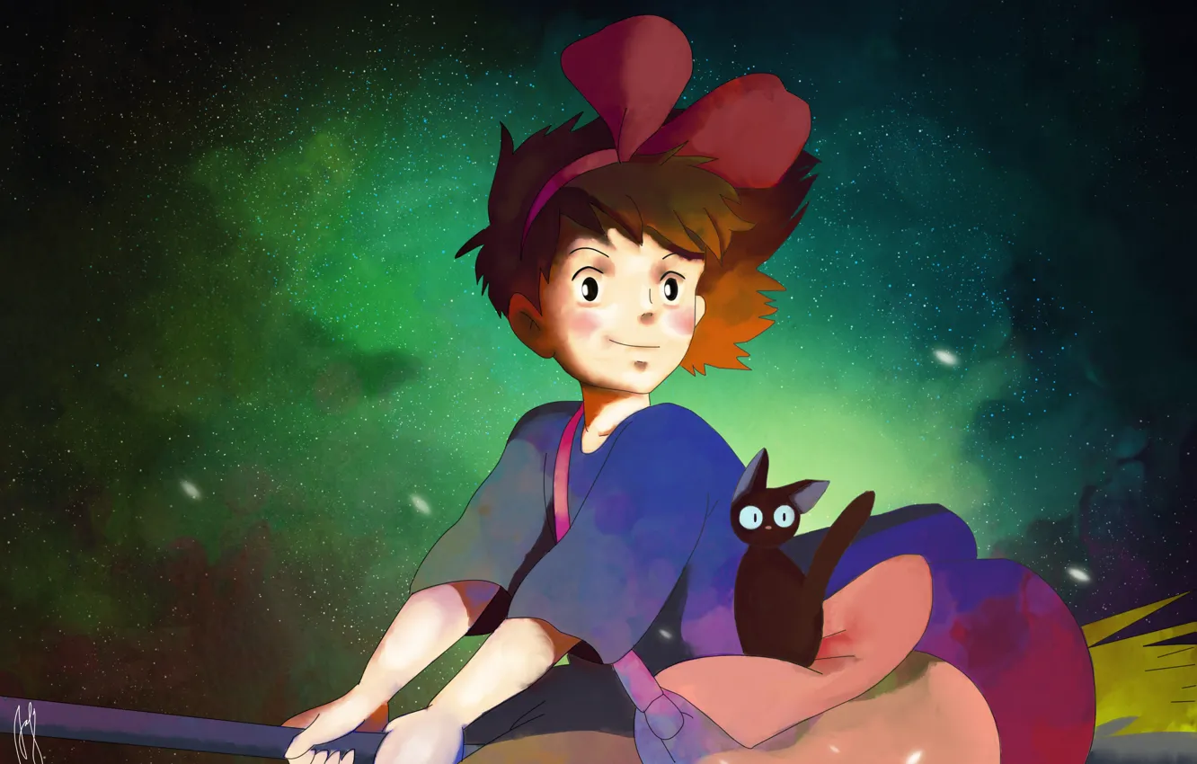 Фото обои кошка, девушка, космос, арт, Kiki, Jiji, Kikis Delivery Service