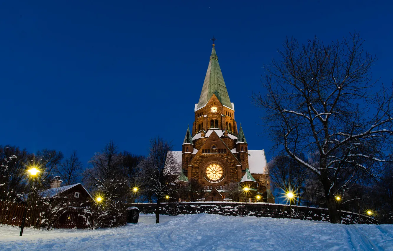 Фото обои зима, снег, деревья, вечер, церковь, Стокгольм, Швеция, Sweden