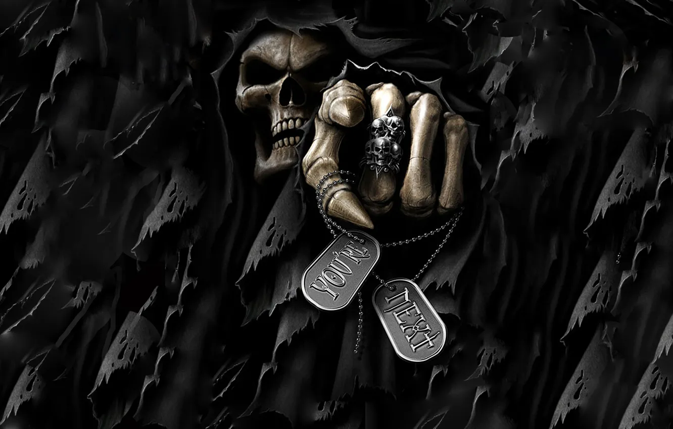 Фото обои Череп, Смерть, Палец, Скелет, Страшно, Темная смерть, Страшные, Указывая пальцем смерти