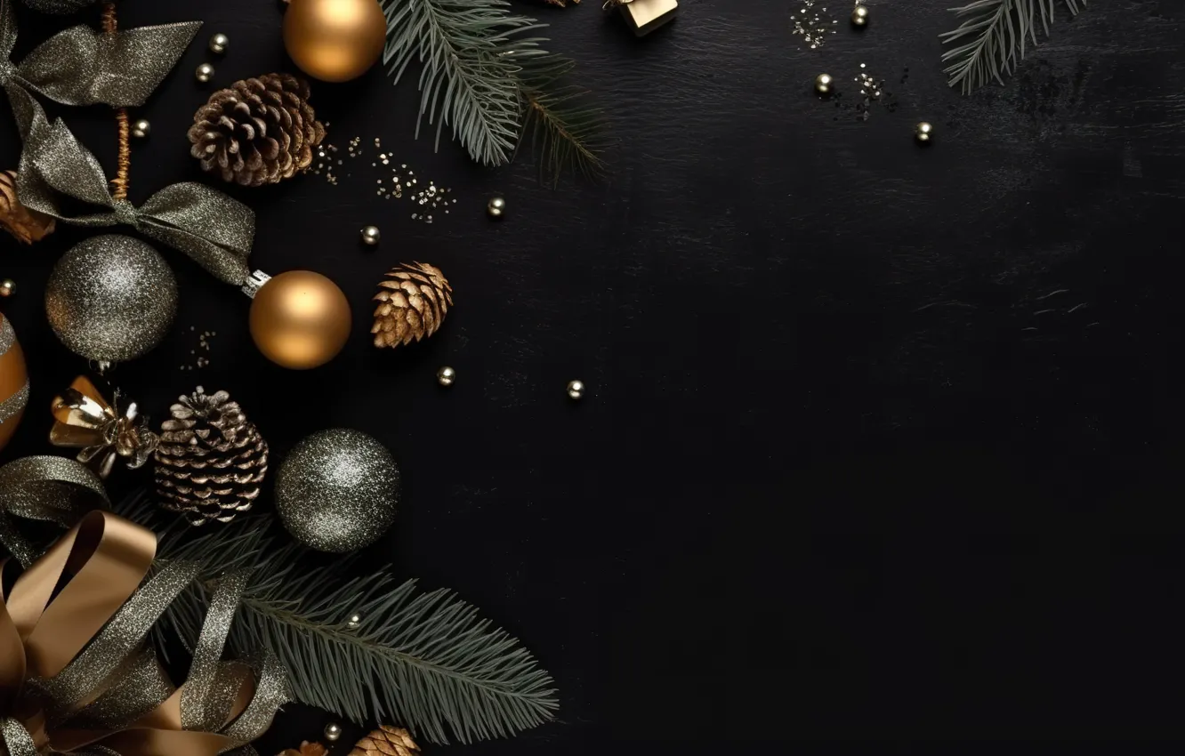 Фото обои фон, шары, Новый Год, Рождество, golden, new year, happy, black