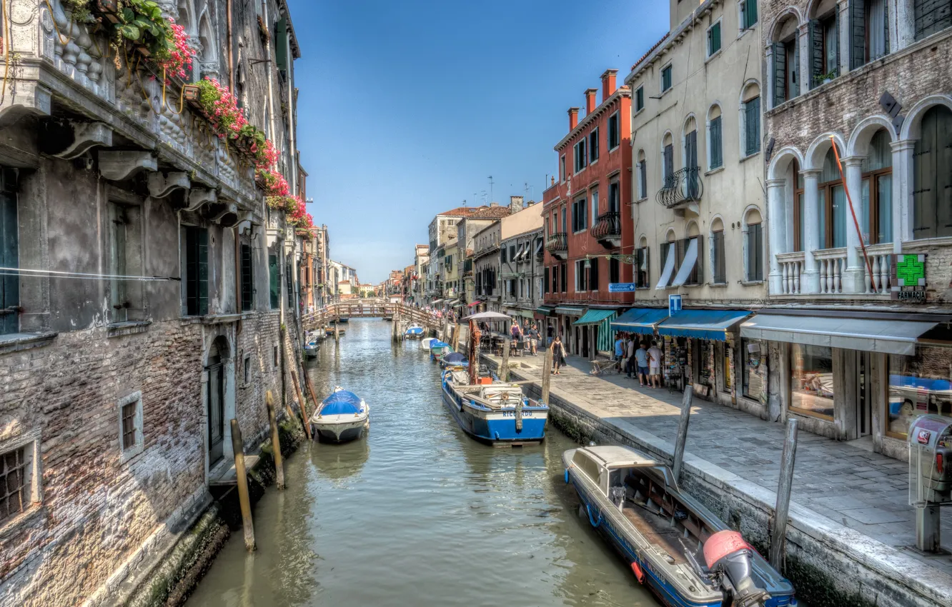 Фото обои улица, HDR, дома, лодки, Италия, Венеция, канал, Italy