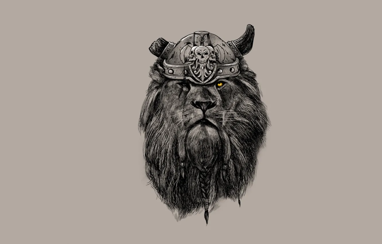 Фото обои взгляд, лев, грива, рога, шлем, косы, викинг
