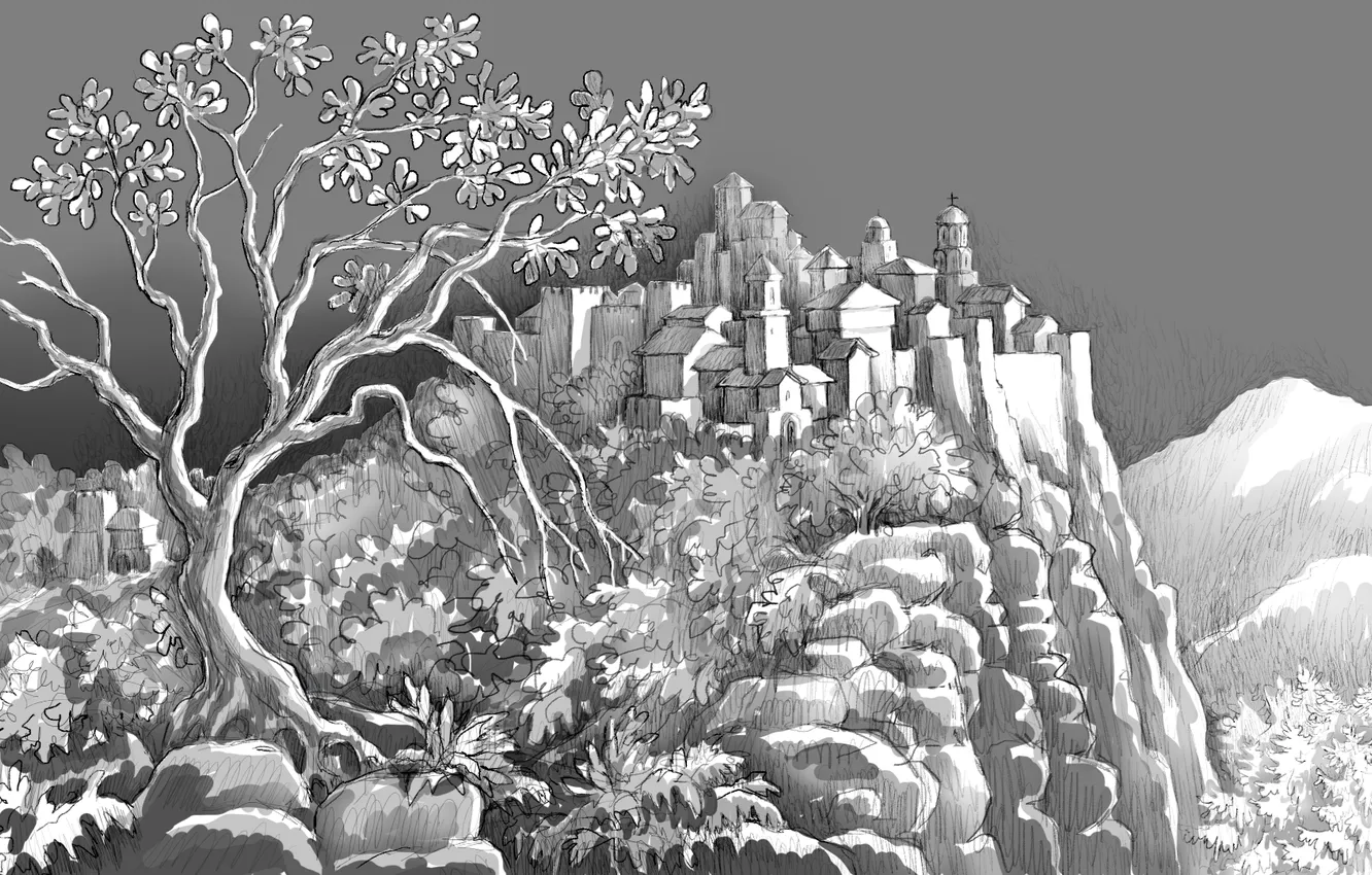 Фото обои city, graphics, landscape, hill, drawing, medieval, church, Black and white