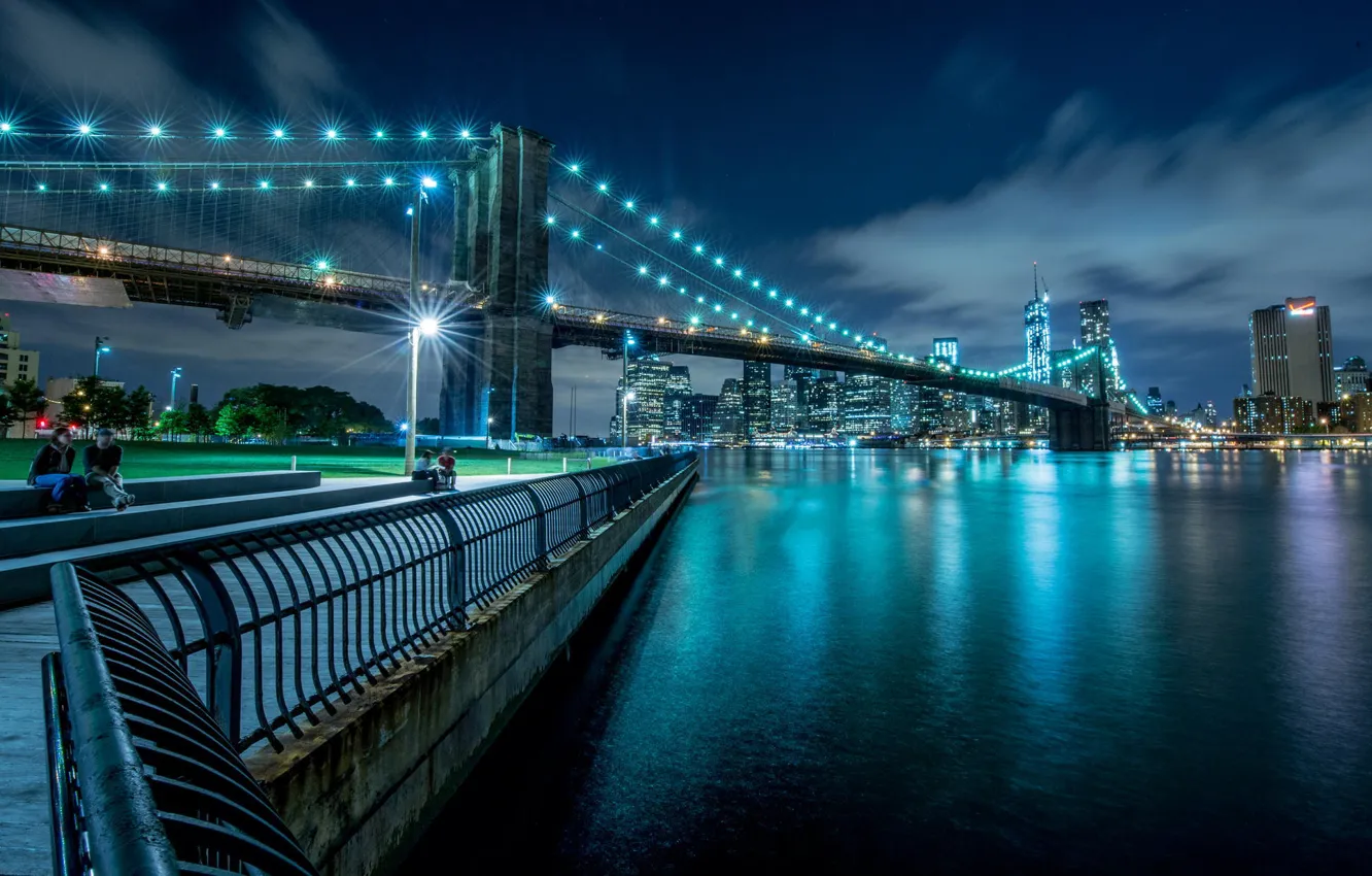 Фото обои мост, огни, парк, Нью-Йорк, вечер, панорама, new york city