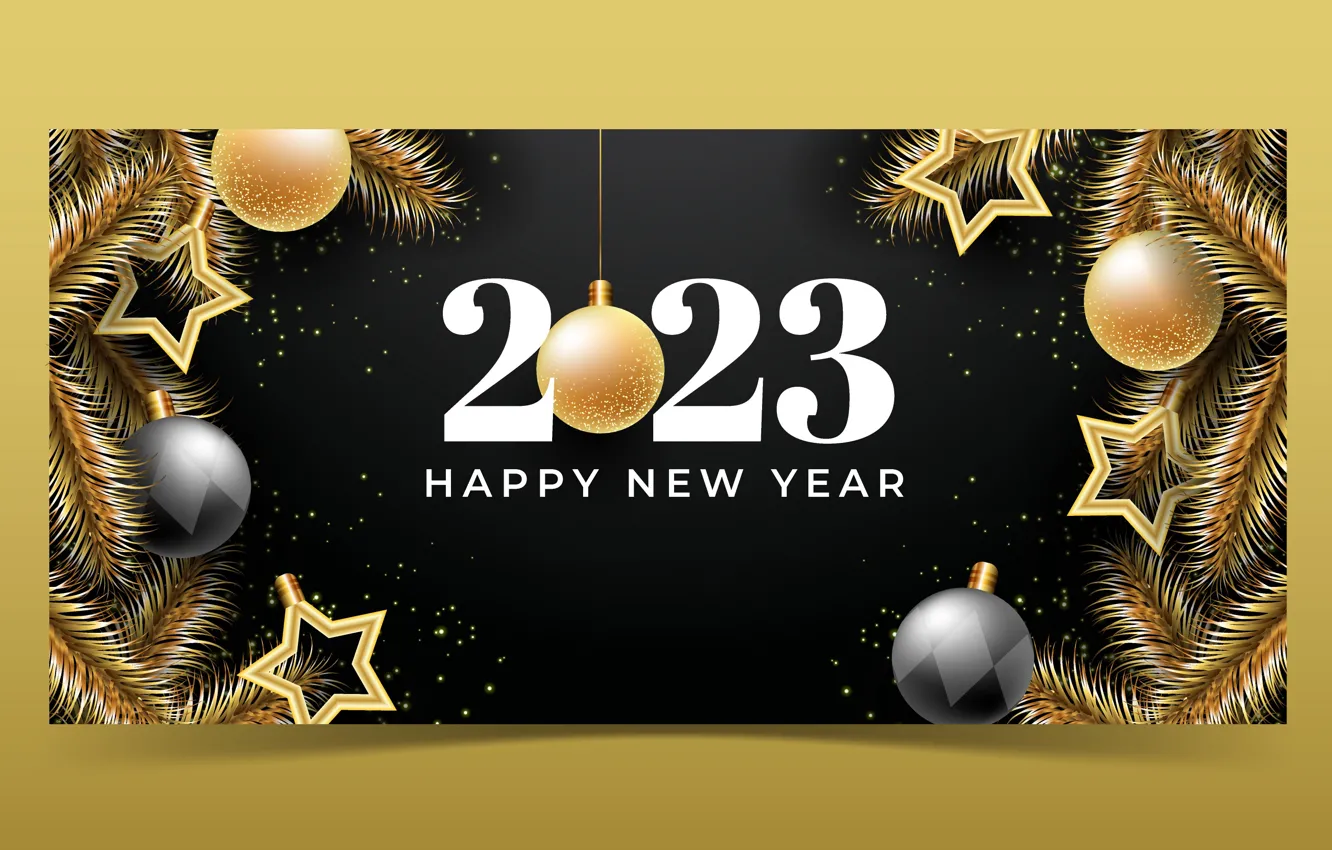 Фото обои шарики, рамка, цифры, Новый год, черный фон, позолота, дата, 2023