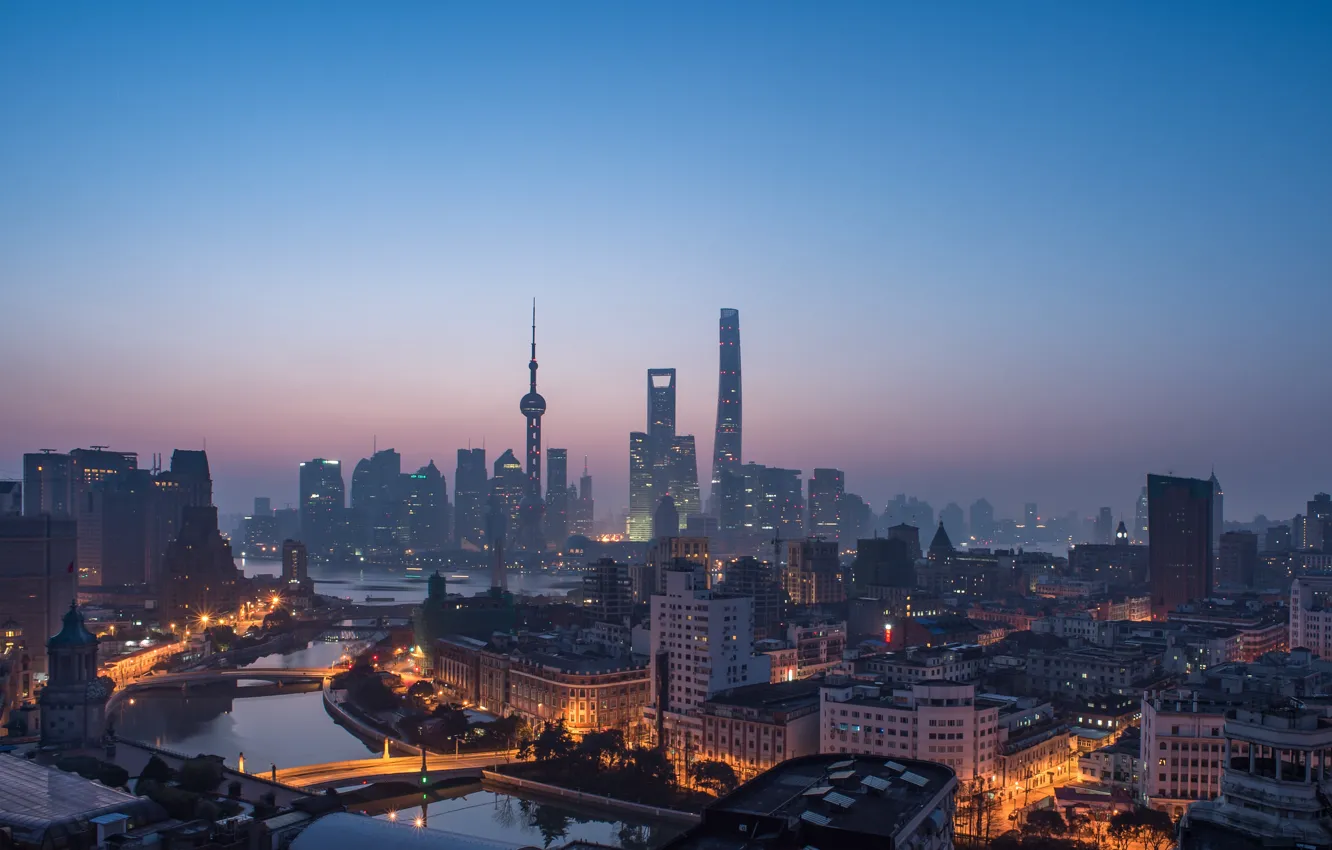 Фото обои city, lights, China, Shanghai, twilight, river, sky, sea