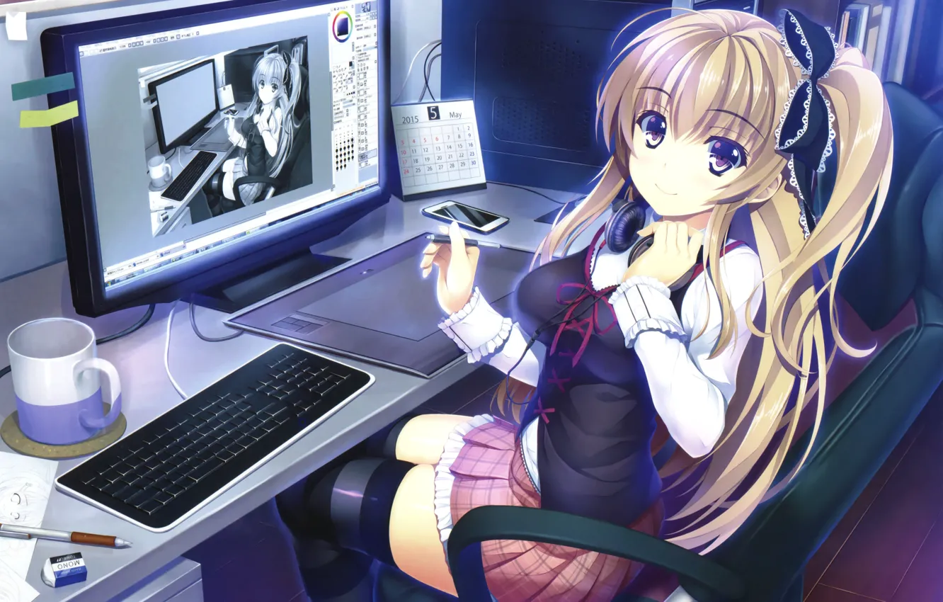 Фото обои компьютер, девушка, ручка, клавиатура, сидит, экран, anime, art