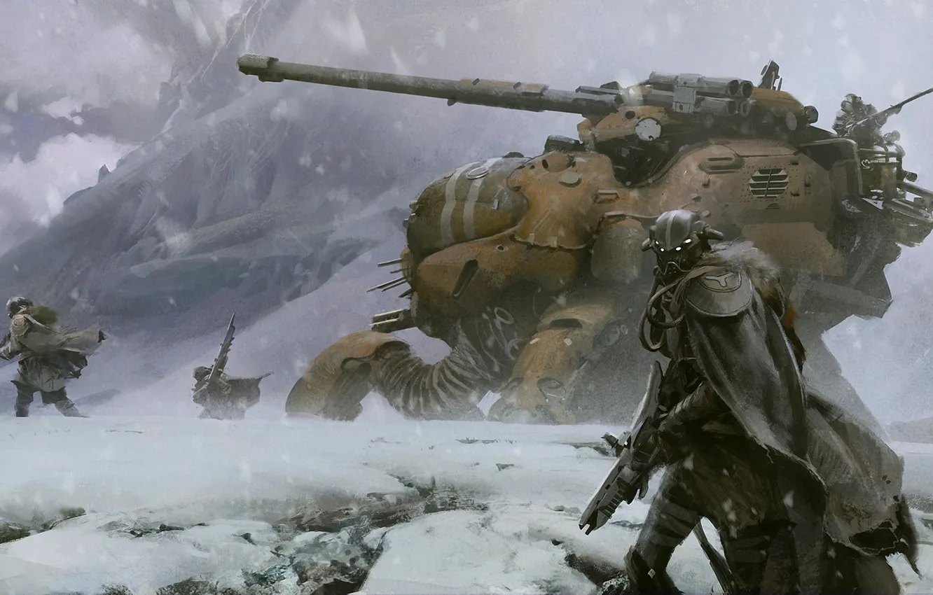 Фото обои снег, горы, оружие, destiny, робот, арт, солдаты, танк